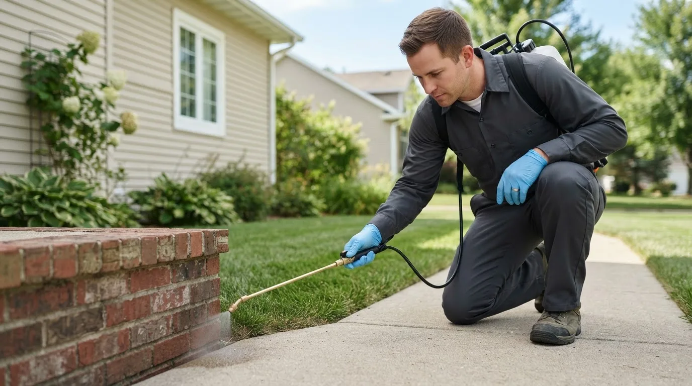 Pest control technician treating a home near Waldron, MO