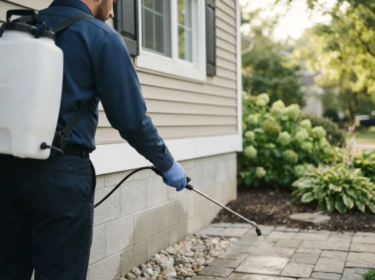 Pest control technician inspecting a home in Waldron, MO